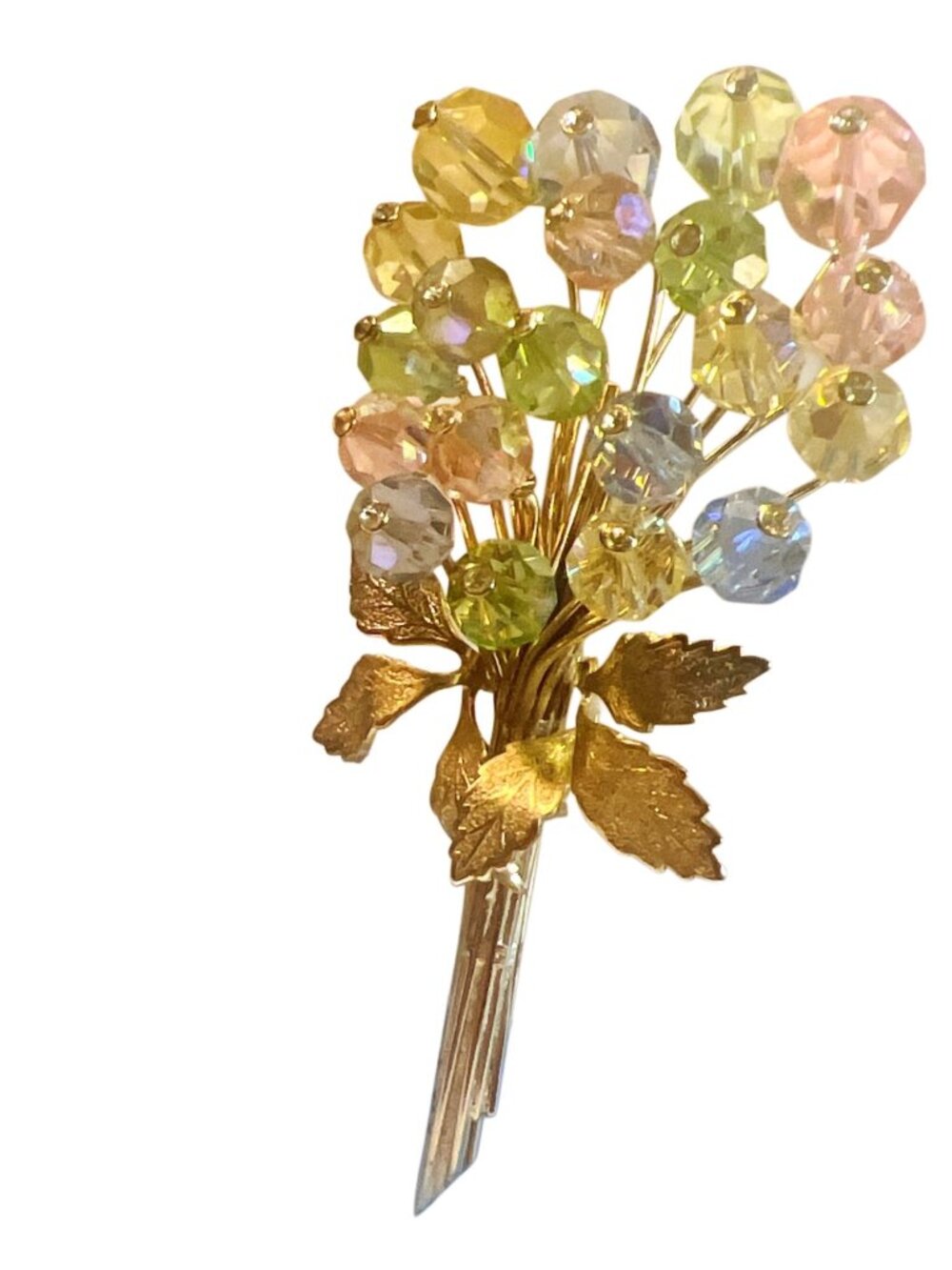Vintage Gold Tone Floral Brooch With Faceted Multicolor Crystal Beads
